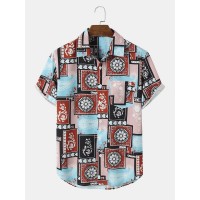 Mens Paisley Floral Color Block Print Ethnic Short Sleeve Shirts