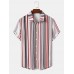 Mens Multicolor Striped Print Short Sleeve Lapel Shirts